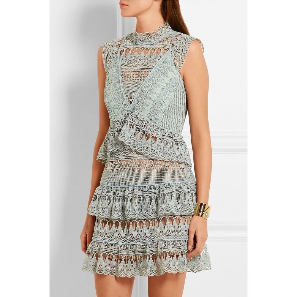 NWOT Latiste Coquette Mint Layered Lace High Neck Ruffle Mini Dress Women's S